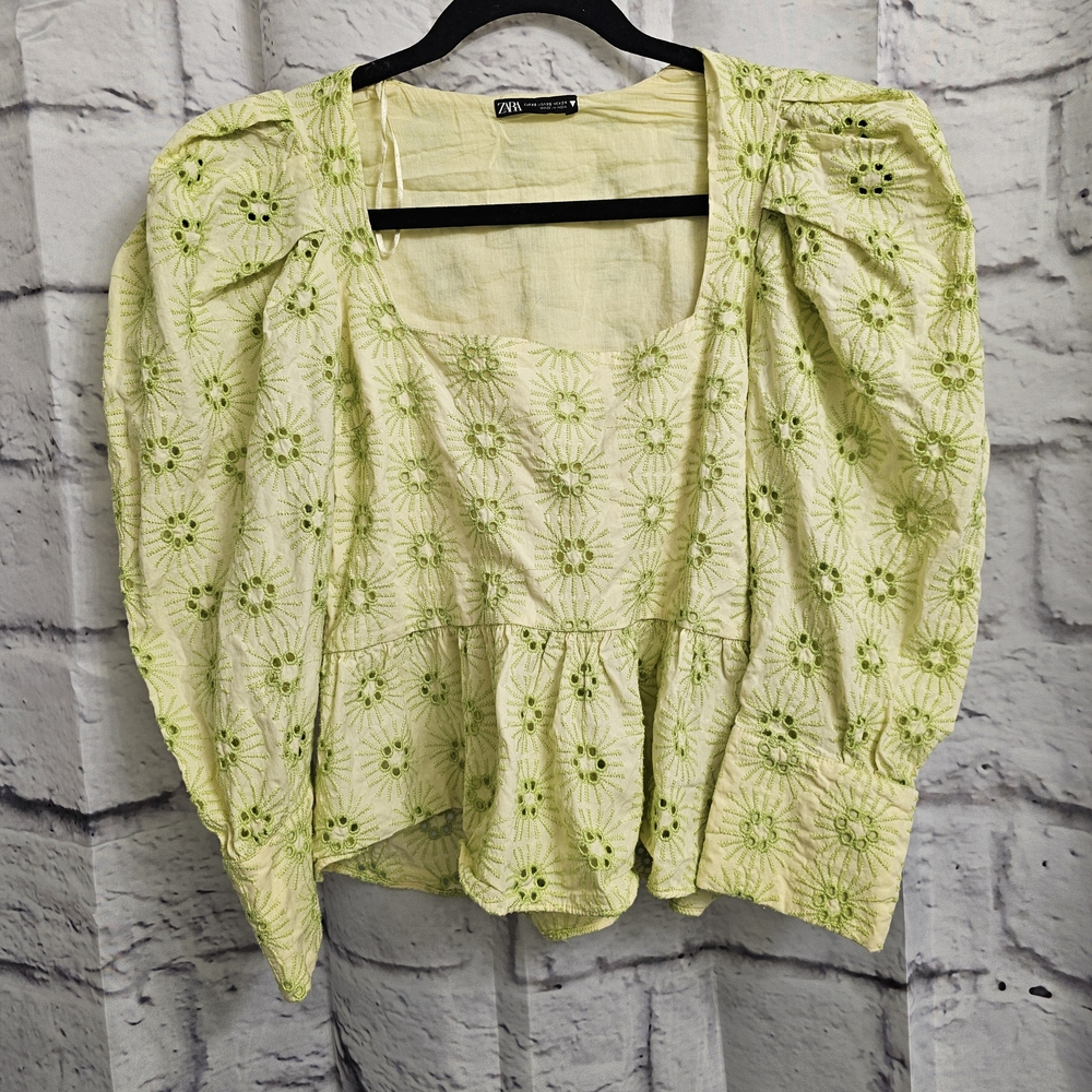 Zara Green Puff Sleeve Peplum Blouse